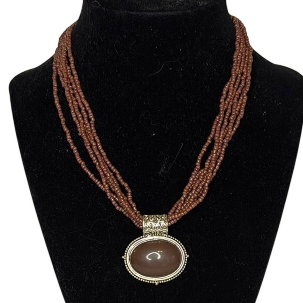 Boho Multi Strand Brown Acrylic Bead Necklace Faux Agate Pendant 16”